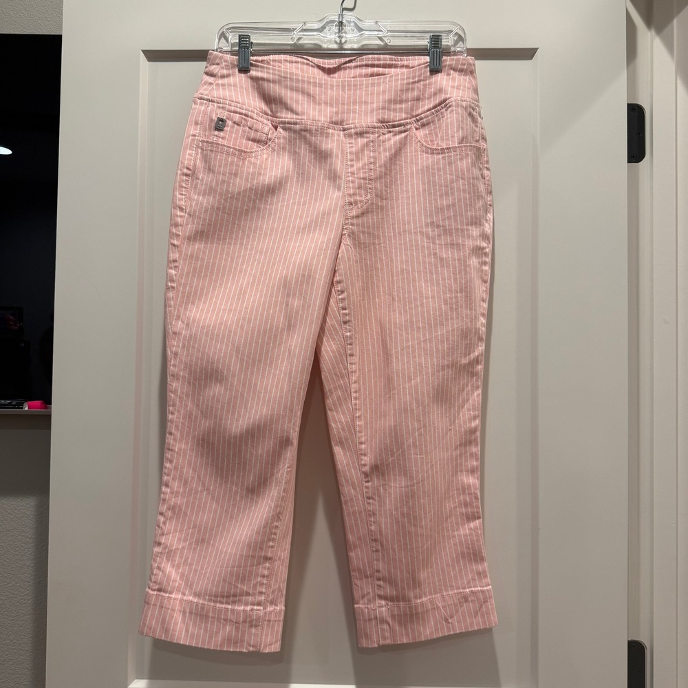 Belle by Kim Gravel Pink Striped Crop Pants Women's M Pull On Stretch